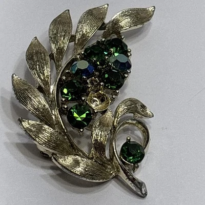 Vintage Lisner Brooch Pin Green AB Rhinestones Leaf Design Missing Stone Signed - Image 1 of 4