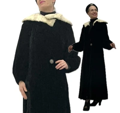 Vintage 30s 40 opera coat black velvet ermine collar balloon sleeve AS IS lining - Image 1 of 4