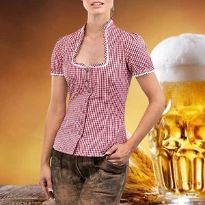 "Bayerische Oktoberfest-Bluse für Damen mit kariertem Spitzenbesatz und - Bild 1 von 16