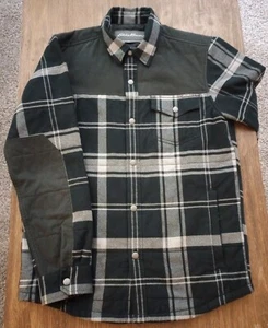 Eddie Bauer Fleece Lined Shirt Jacket Mens Size S Black Gray Shacket Snaps Elbow - Picture 1 of 24