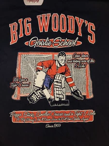 Big Woody's Goalie School BLUE Hockey Adult T-shirt - Picture 1 of 2
