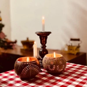 [Set of 2] Coconut Shell Handmade Tropical Candle Tealight Holder Eco-Friendly - Picture 1 of 10