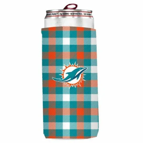 Miami Dolphins Plaid Slim Can Cooler, NFL Coozie Koozie Coolie Cover