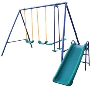 Kids Metal Swing Sets for Backyard,3 in 1 Kids Swing Set,w/ Swing,Glider,Slide - Picture 1 of 9