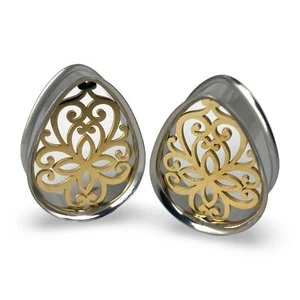 Pair Steel Teardrop Tunnels With Gold Steel Filigree Inlay (PS-283) gauges plugs - Picture 1 of 4