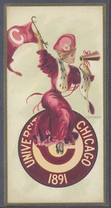 Tarjeta firmada por artista antiguo de la Universidad de Chicago animadora con banderín + megáfono - Imagen 1 de 3