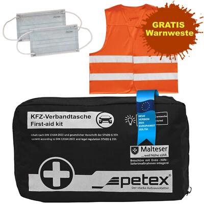 Contenido de bolsa de vendaje según DIN 13164:2022, negro + chaleco de advertencia GRATIS | PETEX