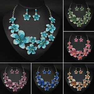 Crystal Flower Necklace Earrings Women Statement Jewelry Set Bridal Choker Gifts - Picture 1 of 41