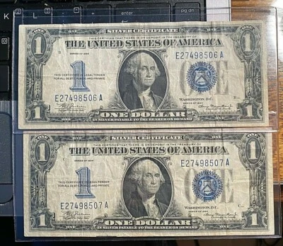 2 Consecutive 1934 Funnyback $1 Silver Certificates EA Block Fine+ Scarce CHN - Image 1 of 4