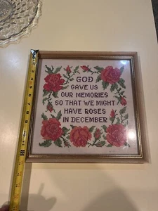 Vintage Cross Stitch Embroidery God Gave Us Memories Roses December Rose Framed - Picture 1 of 15