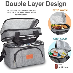 Double Deck Lunch Bag Dual Compartment for Women Men Work Office Insulated Bag - Picture 1 of 23