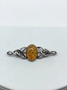 Vintage Sterling Silver 925 Amber cabochon knot pin brooch Celtic ? - Picture 1 of 7