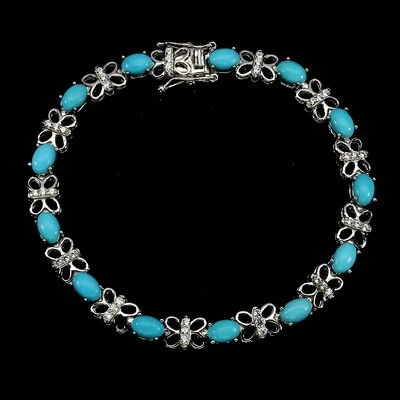 925 Sterling Silver Bracelet Oval Turquoise 6x4mm Natural Gemstone Jewelry 7.5in - Image 1 of 4