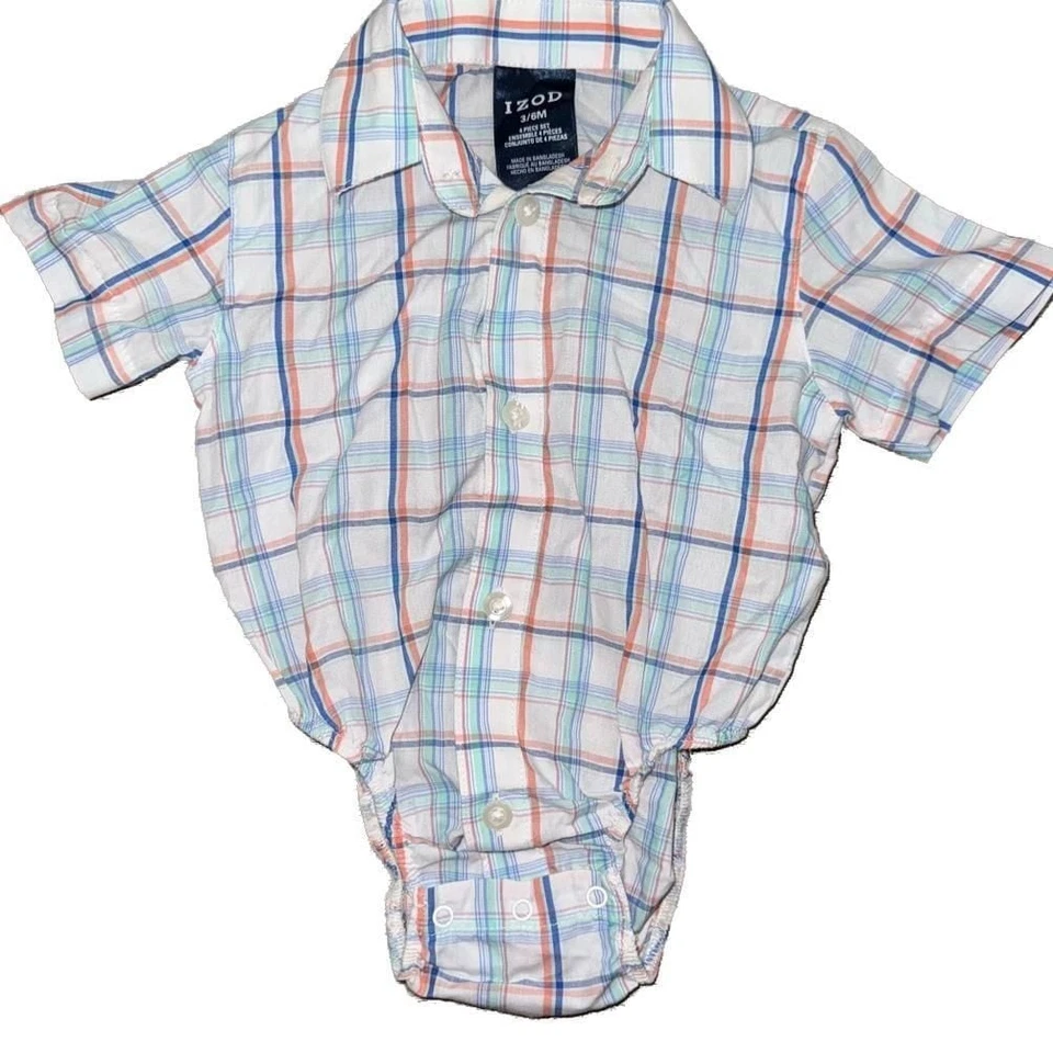 Детский комбинезон для мальчиков синий клетчатый с коротким рукавом с воротником на пуговицах с галстуком-бабочкой - Изображение 1 из 4