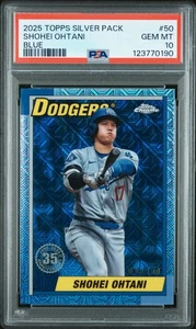 2025 Topps Shohei Ohtani Silver Pack 1990 rifrattore blu #50/150 PSA 10 POP 1 - Foto 1 di 2