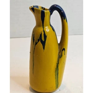 Vintage UHL Pottery Small Jug Cruet Yellow Blue Dripglaze 5" tall - Picture 1 of 6