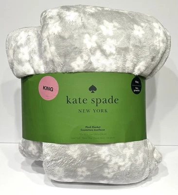 Kate Spade KING Gray White Sweet Floral GLacier Gray Fleece Blanket Throw NEW - Image 1 of 4