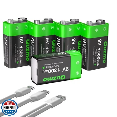 Paquete de 5 baterías recargables de iones de litio de 9 voltios Quzmo, 1300 mAh de larga duración  Foto 1 de 4