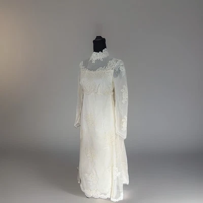 Vintage 60/70s Wedding Dress Ivory Lace Long Sleeve Bride Bohemian High Neck S - Image 1 of 4