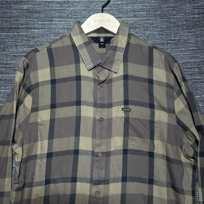 Volcom Shirt Men's Large Brown Plaid Long Sleeve Button Up - Image 1 of 4