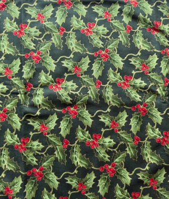2 yds x 44” Christmas Holly, Red Berries Gold Cotton Fabric Maywood Studios - Image 1 of 4