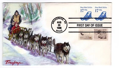 #2135 Dog Sled Anchorage AK 17c Coil 1986 FDC Treyboza Hand-Painted - Image 1 of 2