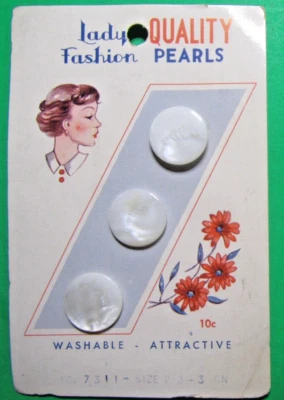 (3) Vtg 1/2" LADY FASHION QUALITY PEARLS SHELL SHANK BUTTONS CARD GRAPHICS-7/23 - Image 1 of 3