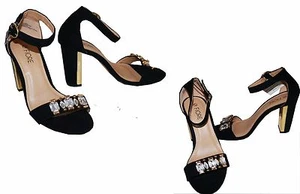 Damen Schwarz Kristall Verziert Wildleder & Gold Blockabsatz in UK 4/ EU37 4" Absatz - Bild 1 von 2