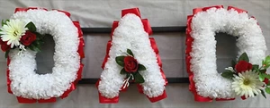 DAD Funeral Flower Artificial Silk Tribute Name Wreath Any 3 Letter Gerberas - Picture 1 of 5