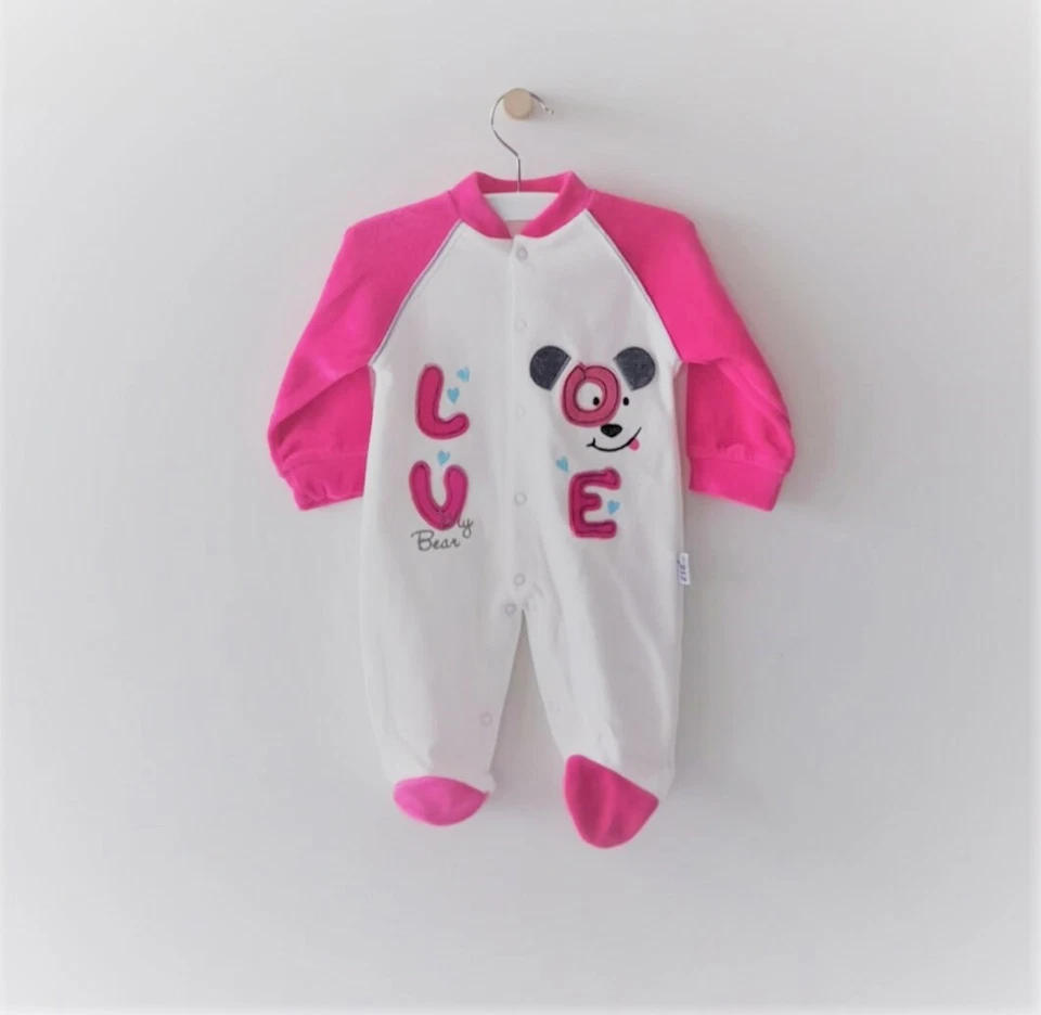 NEU Nicki Samt Baby Girl Strampler Mütze SET Mädchen Langarm Overall Love Puppy  - Bild 1 von 1