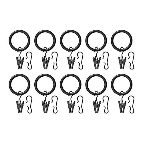 SYRLIG 1.5" Diam. Anillo Cortina, Pack de 10 con Ganchos y Clips, Blanco, Negro, Plata Foto 1 de 1