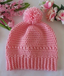 Beautiful pink hand crafted crochet hat with pompom. Size Child Small - Picture 1 of 3