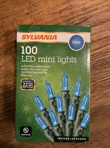 SYLVANIA 100 LED MINI LIGHTS BLUE 24.75’ Lighted Length INDOOR OUTDOOR Green Wir - Picture 1 of 2