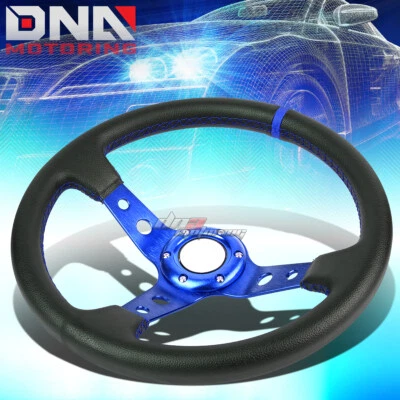 VOLANTE DE CORRIDA ESPORTE AZUL COURO PVC PRETO 350MM T-6061 6 PARAFUSOS ACABAMENTO AZUL - Imagem 1 de 4