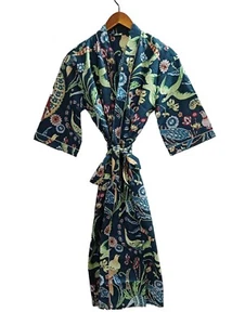 Indian Handmade Vintage Kimono Bird Print Cotton Bath Robes Maxi Night Gown - Picture 1 of 6