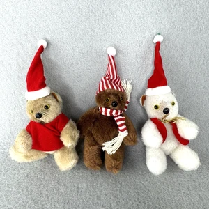 Vintage Teddybären mit Gelenken braun weiß mit Weihnachtsmütze Weihnachtsschmuck 3,5 Zoll - Bild 1 von 9