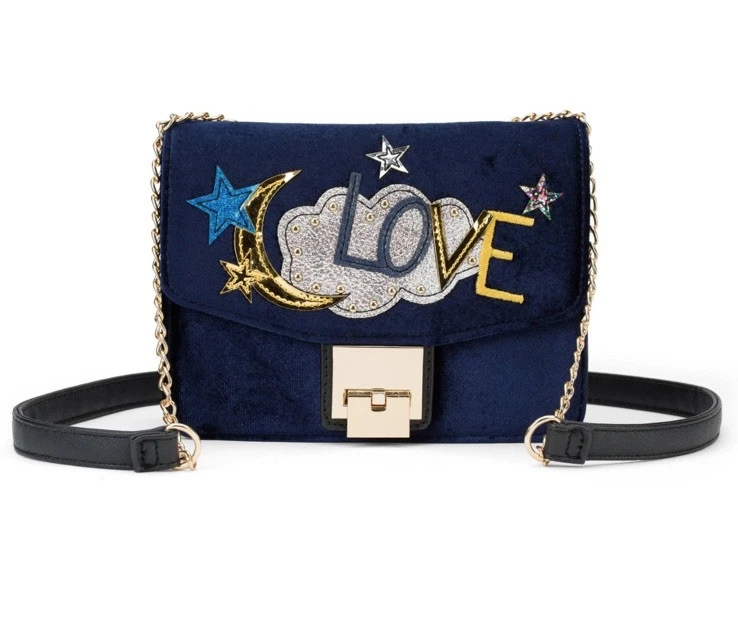 Olivia Miller The Walden Love Rectangular Blue Velvet Crossbody Bag Purse - Image 1 of 4