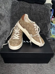Coach Clip Lowtop Sig Jacquard Sneaker Shoes Women's 5B Khaki/Saddle - Picture 1 of 7