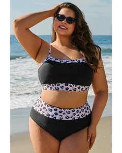 Azura Exchange Black 2pcs Leopard Patchwork Plus Size High Waisted Swimsuit - Picture 1 of 12