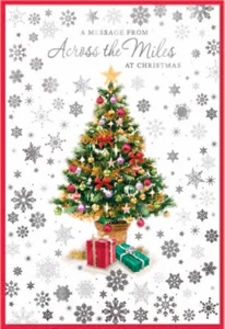 Across The Miles Christmas Card - Xmas Tree and Silver Foil Snowflakes 7.5x5.25" - Picture 1 of 3