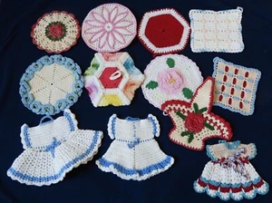 Lot 12 Vtg Crocheted POTHOLDERS Hot Pads Dresses Playsuit Basket Flowers Rounds - Picture 1 of 13