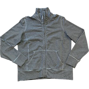 Giacca in maglia finto collo zip intera LL Bean - righe grigio navy - taglia small petite - Foto 1 di 9