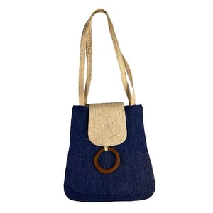 Large Blue Tan Straw Purse Beach Bag Wood Accent Boho Coastal Natural - Picture 1 of 10