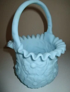 Vintage 1970's Fenton Art Glass Blue Satin Poppy Flower Basket Vase w / Handle - Picture 1 of 3
