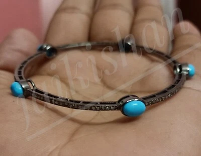 Turquoises Gemstone Bangle Oxide 925 Sterling Silver Pave Diamond Bracelet Gift - Image 1 of 4