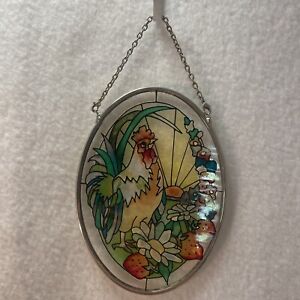 Oval Stained Glass Sun Catcher Window Hanger White Chicken with Chain
