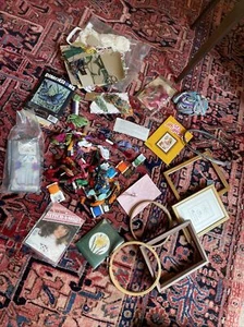 Vtg Embroidery Bundle Floss Thread Metal And Wood Hoops Yarn Books Instructions - Picture 1 of 19