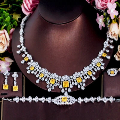 Conjunto de joyas enchapado en oro blanco con pendientes con flecos de flores de circonita cúbica Foto 1 de 4