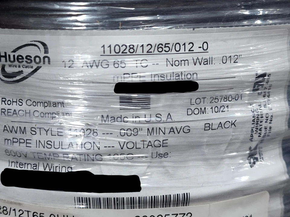 Cable de conexión de cobre estañado Hueson #12awg Enviro-Wire mPPE 600 V negro/25 pies Foto 1 de 4