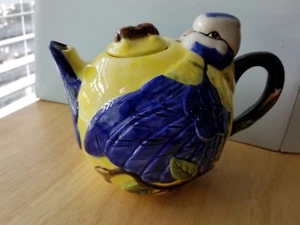MERIDIAN CERAMICS HANDPAINTED BLUE YELLOW BLUEJAY BIRD TEA POT SIGNED 16OZ - Picture 1 of 5